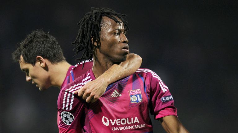 Bakary Kone is congratulated by team-mates after scoring Lyons second goal against Dinamo Zagreb on 27th Sept 2011