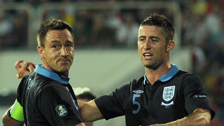 Gary Cahill R celebrates with teammate  John Terry after scoring against Bulgaria 