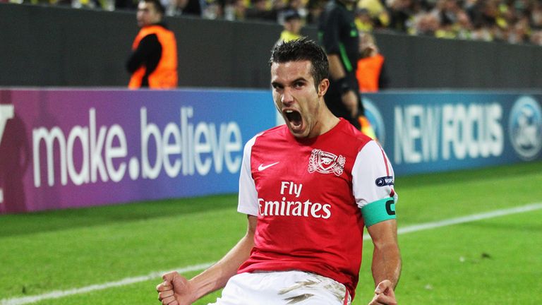 Robin van Persie celebrates after giving Arsenal the lead in Dortmund