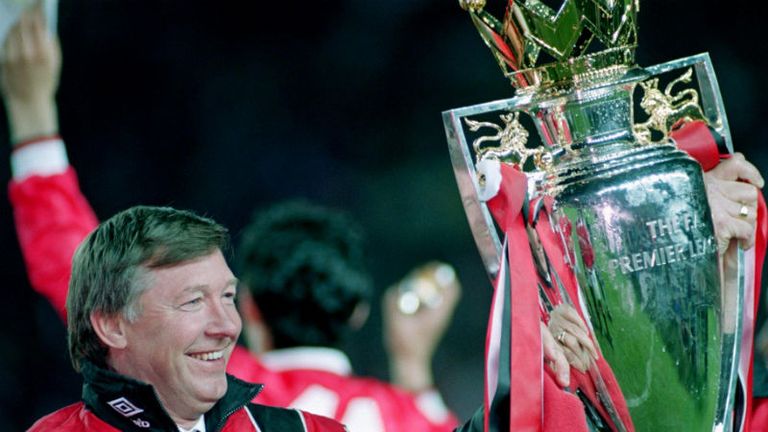 At last... Ferguson lifts the first of 12 Premier League titles as United manager, running away with the title by 10 points in the 1992/93 season.