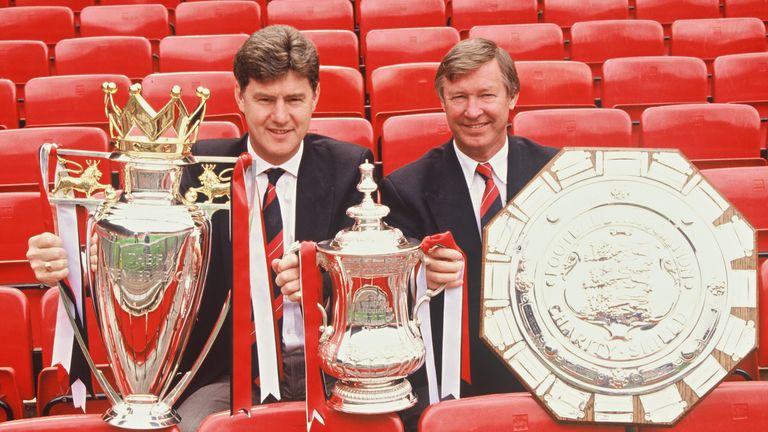 Three trophies for United in the 1993/94 season as Fergie picked up the Premier League, FA Cup and Community Shield.