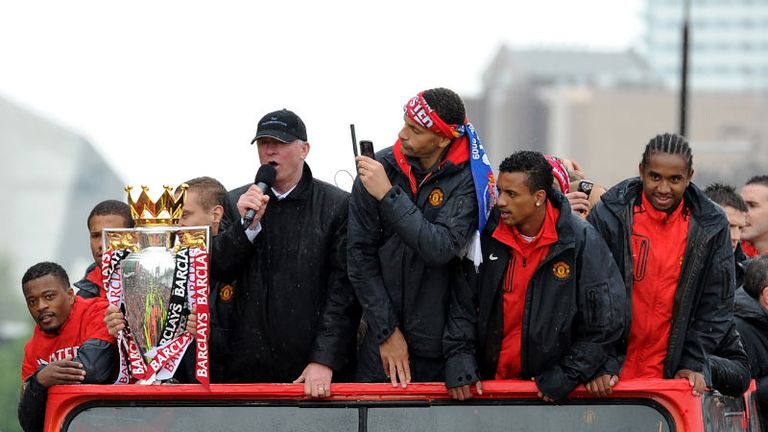 Sir Alex joined his players on an open top bus during United's celebrations of Fergie's 12th and United's 19th title.