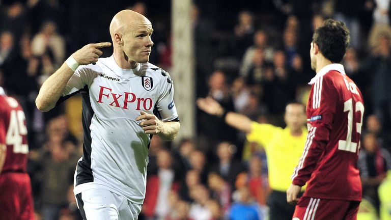 Fulham striker Andy Johnson celebrates after scoring his teams second goal against Wisla Krakow