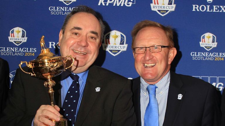 Alex Salmond (L) and Richard Hills (R) pose with the Ryder Cup at Gleneagles