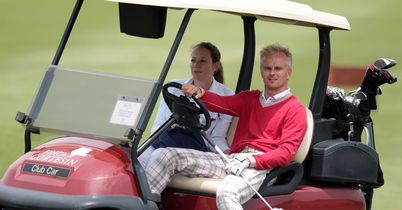 Heikki Kovalainen in action at the Volvo World Match Play pro-am in Spain.