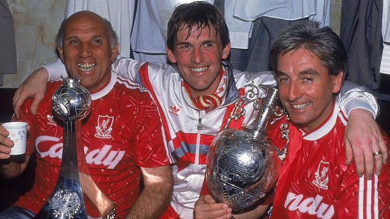 Kenny Dalglish (centre), Roy Evans and Ronnie Moran (left) after Liverpool were crowned champions in the 1990