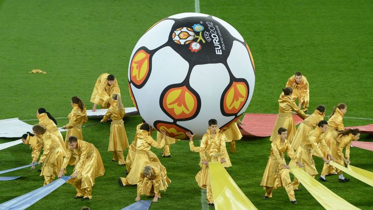 The fans are treated to an opening ceremony ahead of the game to mark the first night of the European Championships in Ukraine.
