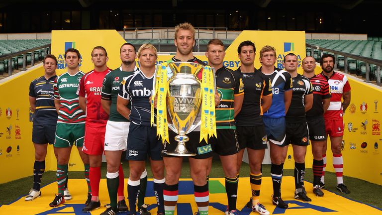 Dean Schofield of Worcester Warriors, Louis Deacon of Leicester Tigers, Jonathan Mills of London Welsh, Declan Danaher of London Irish, David Seymour of Sale Sharks, Chris Robshaw of Harlequins, Dylan Hartley of Northampton Saints, Hugo Southwell of London Wasps, Stuart Hooper of Bath Rugby, Tom Hayes of Exeter Chiefs, Steve Borthwick of Saracens and Jim Hamilton of Gloucester Rugby pose during the Aviva Premiership Season Launch 2012-2013 at Twickenham Stadium on August 20, 2012 in London, England.