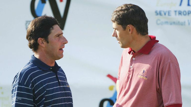 Jose Maria Olazabal (L) and Padraig Harrington (R) fell out at the Seve Trophy in 2003