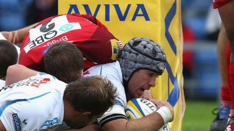 Richard Baxter notches a try for Exeter in their narrow defeat to London Welsh