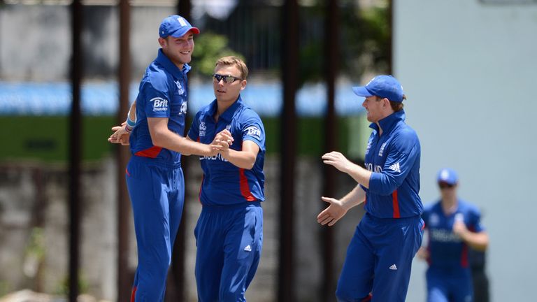 Danny Briggs of England celebrates with Stuart Broad after dismissing Mohammad Hafeez of Pakistan during the ICC T20 World Cup Warm Up Match between England and Pakistan at P Sara Oval on September 19, 2012 in Colombo, Sri Lanka.