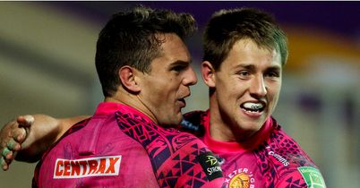 Exeter's Mark Foster and Tom Arscott celebrate