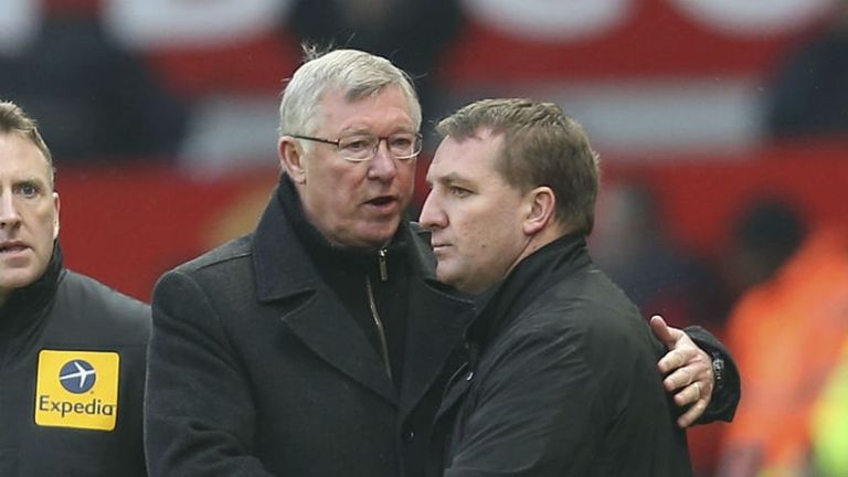 Alex Ferguson shakes hands with Brendan Rodgers at the final whistle at Old Trafford