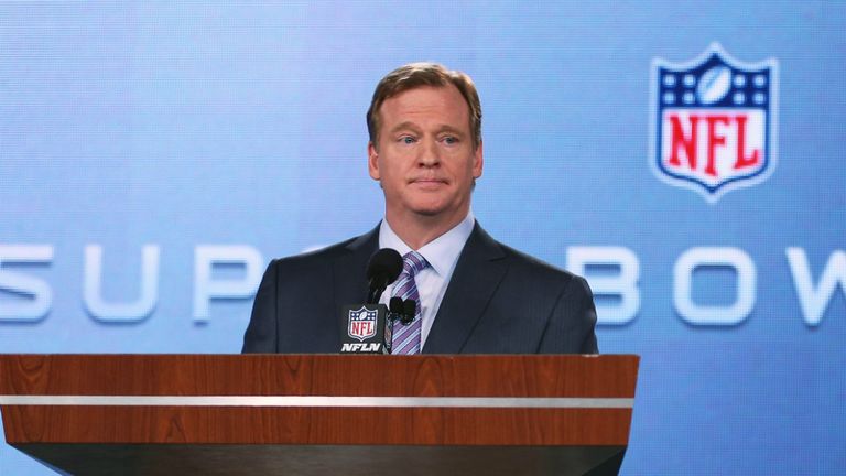 Goodell addressing the media prior to Super Bowl XLVII