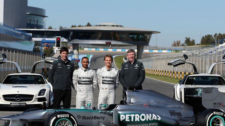 Toto Wolff and Ross Brawn join Lewis Hamilton and Nico Rosberg and the launch
