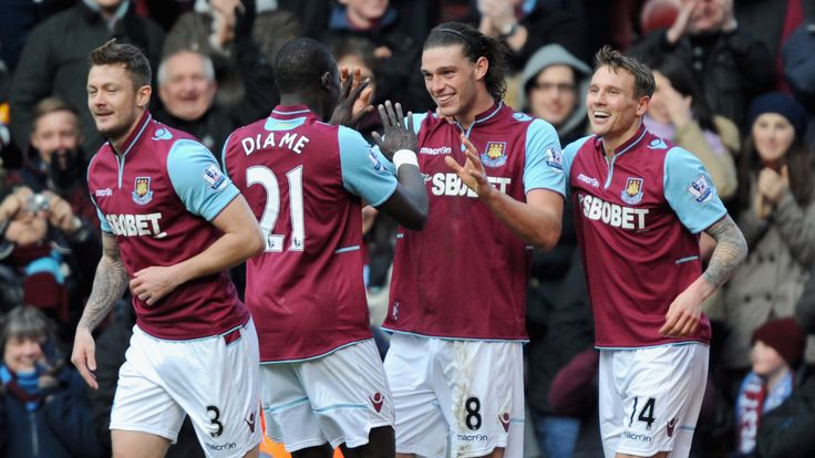 Andy Carroll scores West Ham's third goal in their 3-1 win over West Bromwich Albion.