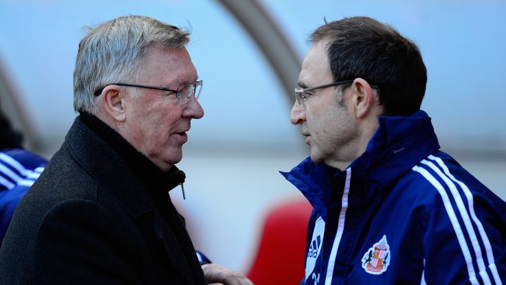 Martin O' Neill chats with Sir Alex Ferguson before the Barclays Premier League match between Sunderland and Manchester United.