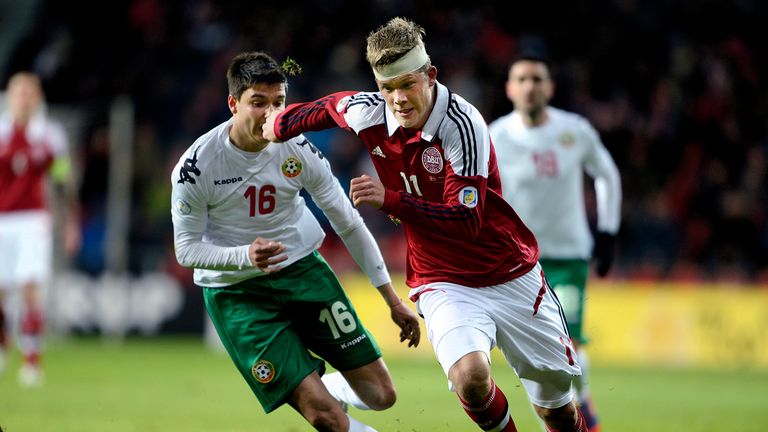 Andreas Cornelius while on duty for Denmark against Bulgaria