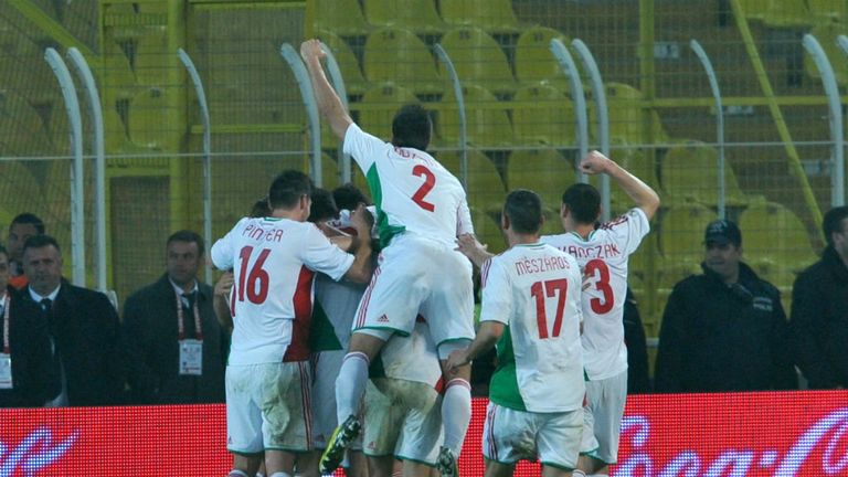 Hungarys Daniel Bode unseen is congratulated by teammates after his equaliser against Turkey