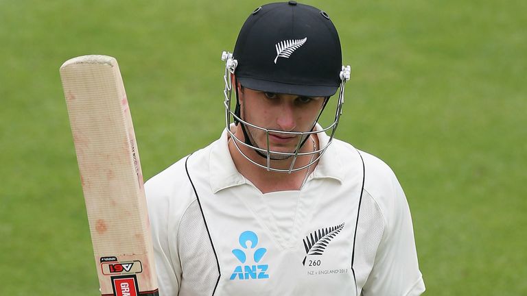 New Zealand batsman Hamish Rutherford celebrates his 171 against England at the University Oval, Dunedin