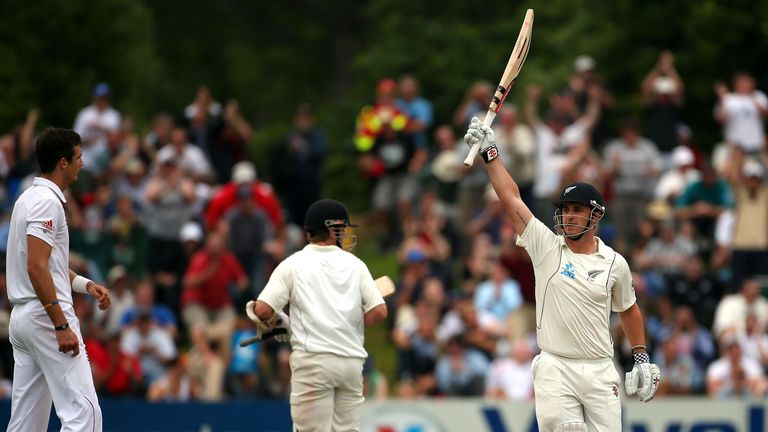 New Zealand opener Hamish Rutherford celebrates his century against England on day three of the first Test at the University Oval, Dunedin