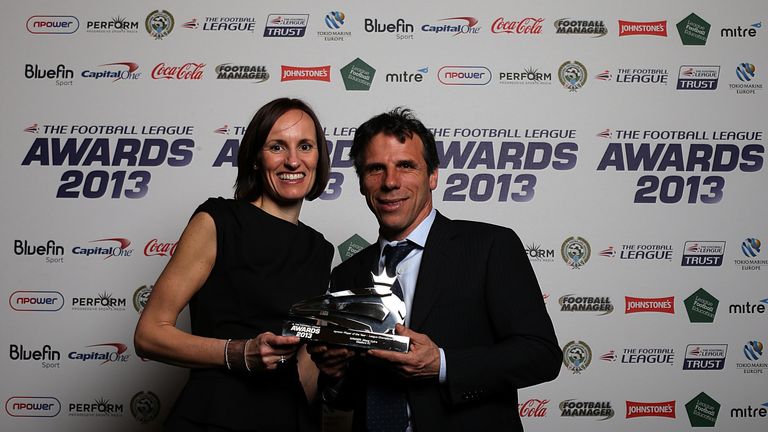 Gianfranco Zola collects the npower Player of the Year - Championship Award on behalf of Matej Vydra from npower Head of Brand and Customer Experience Kelly Iles at the Football League Awards.