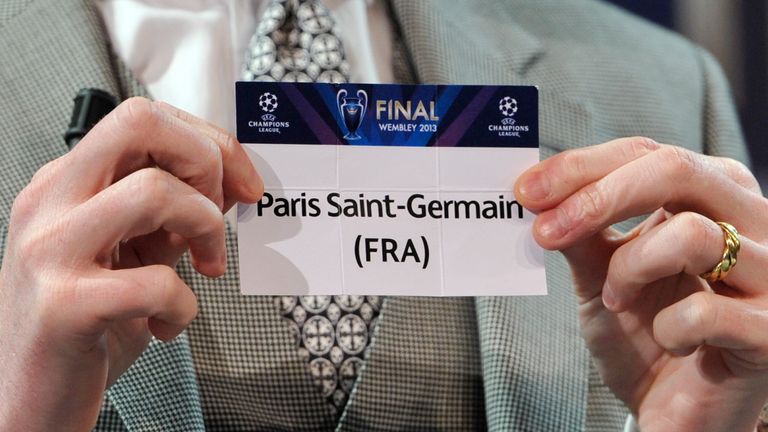 The name Paris Saint-Germain is seen during the UEFA Champions League quarter finals draw