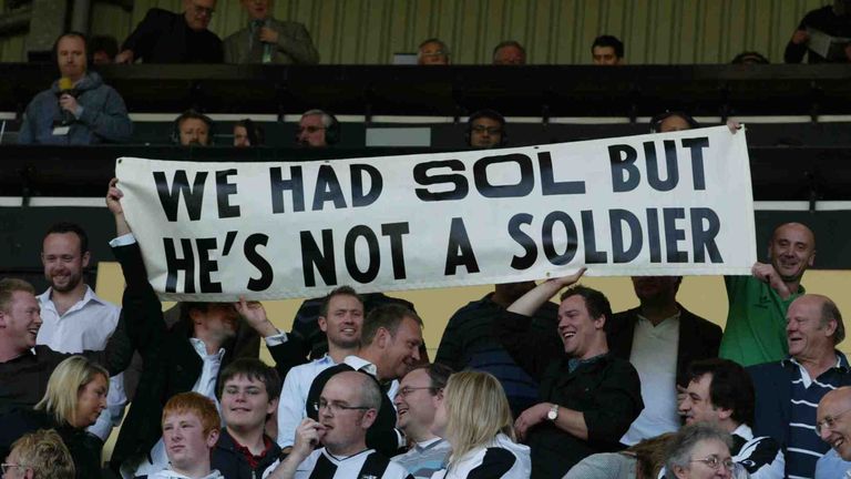 Notts County fans display a banner during the game directed at former player Sol CampbellnMandatory Credit: Action Images / David Fieldn