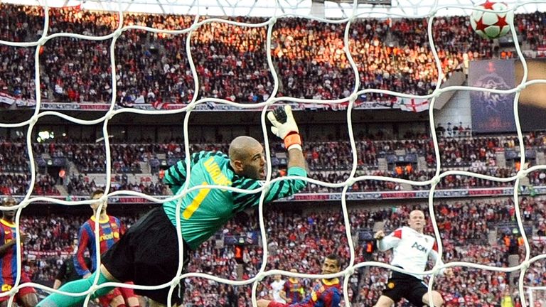 Wayne Rooney scores in the Champions League final at Wembley Stadium 2011.