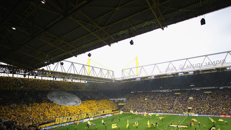 A general view of the Signal Iduna Park is taken prior to the Bundesliga match between Borussia Dortmund and Eintracht.