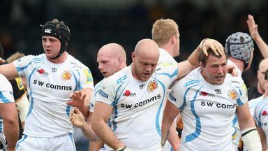 Exeter players celebrate scoring a try at Wasps