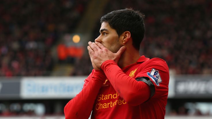 Luis Suarez reacts during the Premier League match between Liverpool and West Ham United.