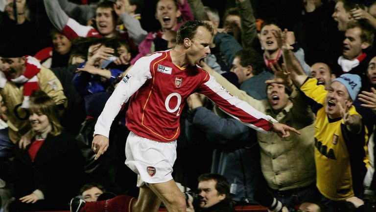 Dennis Bergkamp of Arsenal celebrates scoring against Manchester United in February 2005