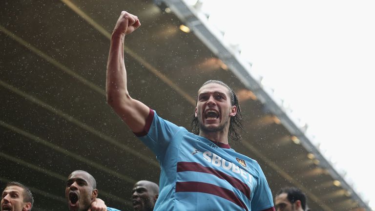 Andy Carroll of West Ham celebrates scoring a goal during the Barclays Premier League match between Southampton and West Ham United at St Mary's Stadium 