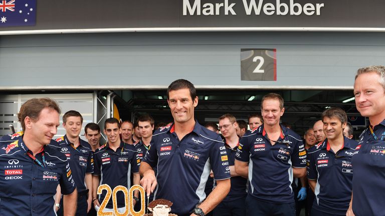 Mark Webber celebrates his 200th Grand Prix start