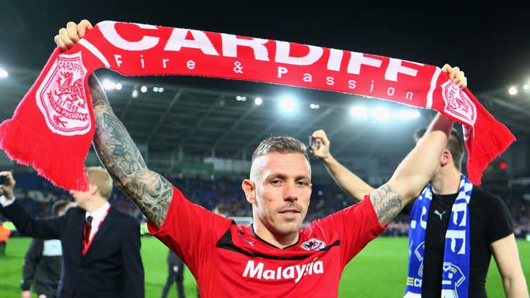 Craig Bellamy of Cardiff City celebrates promotion 