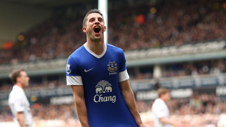 Everton's Kevin Mirallas celebrates scoring his sides' second goal during the Barclays Premier League match against Tottenham at White Hart Lane, London.