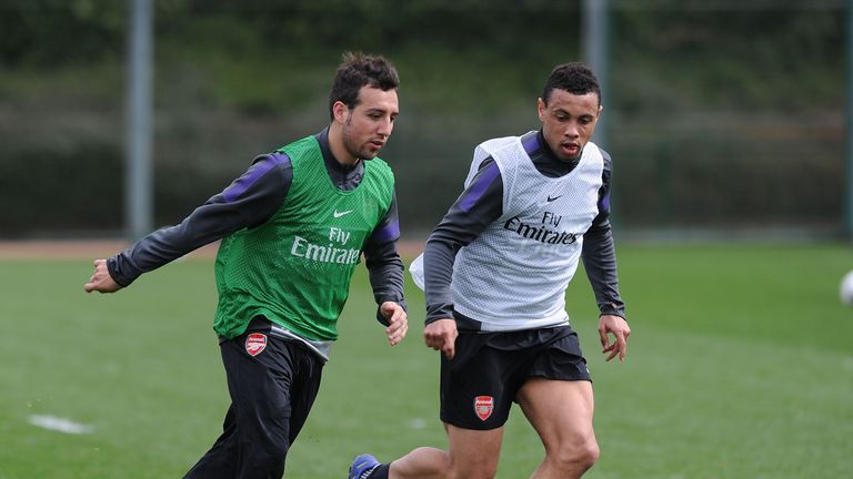 Santi Cazorla and Francis Coquelin of Arsenal during a training session at London Colney