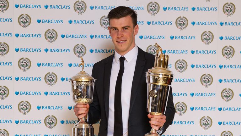 Gareth Bale with the PFA Player of the Year and Young Player of the Year awards 