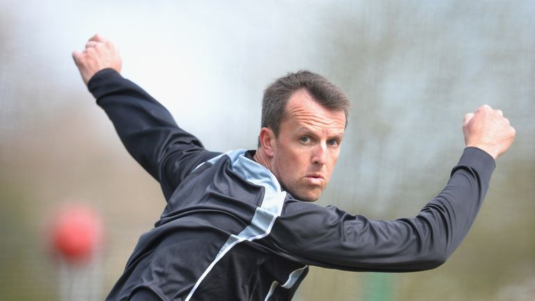 Graeme Swann of Nottinghamshire bowls in the nets at The County Ground