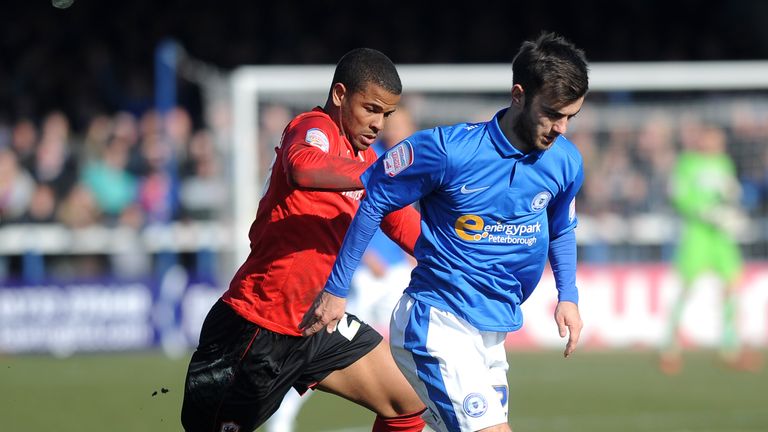 Jack Payne of Peterborough holds off Fraizer Campbell of Cardiff City during the npower Championship match between Peterborough United and Cardiff City at London Road