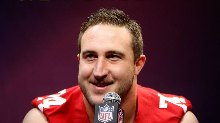 Joe Staley of the San Francisco 49ers talking before their Super Bowl appearance.