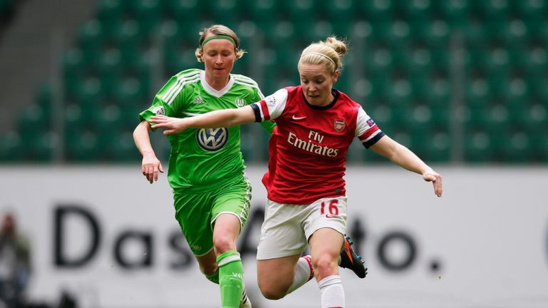 Kim Little of Arsenal and Conny Pohlers of Wolfsburg in the UEFA Women's Champions League.