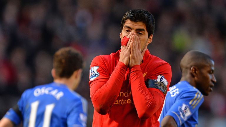 Luis Suarez reacts during the Premier League match between Liverpool and Chelsea.