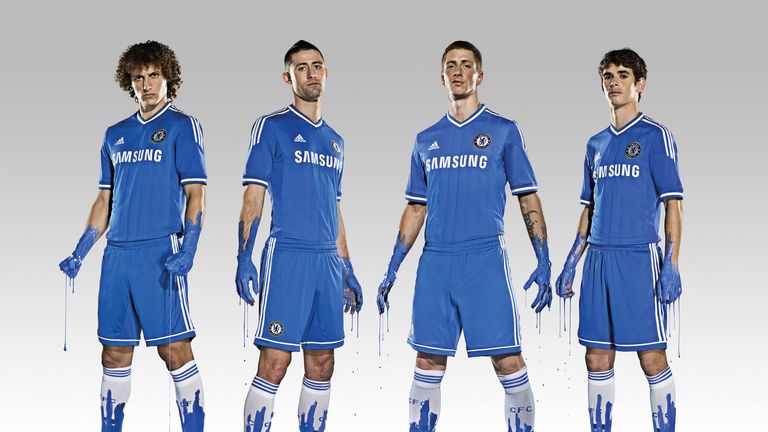 Luiz, Cahill, Torres and Oscar model the new Chelsea kit for the 2013/14 season.