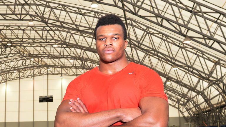 London Great Britain's Olympic discus thrower Lawrence Okoye pictured in NFL drills with London Warriors players at the London Soccerdome
