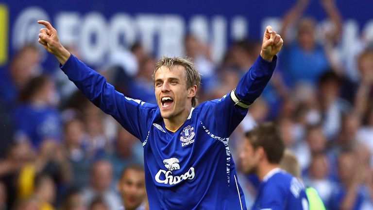 Phil Neville of Everton celebrates after the Barclays Premiership match between Everton and Portsmouth at Goodison Park