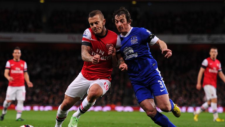 LONDON, ENGLAND - APRIL 16:  Jack Wilshere of Arsenal and Leighton Baines of Everton battle for the ball during the Barclays Premier League match between Arsenal and Everton at Emirates Stadium on April 16, 2013 in London, England.  (Photo by Michael Regan/Getty Images)