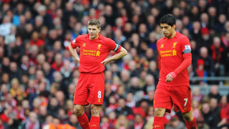 Steven Gerrard and team mate Luis Suarez during the Premier League match between Liverpool and Chelsea at Anfield.