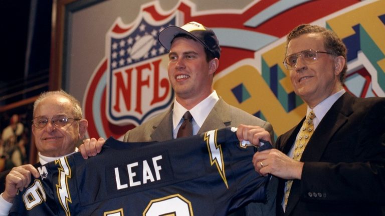 Second overall pick Ryan Leaf after being selected by the San Diego Chargers in the first round of the 1998 NFL Draft at Madison Square Garden